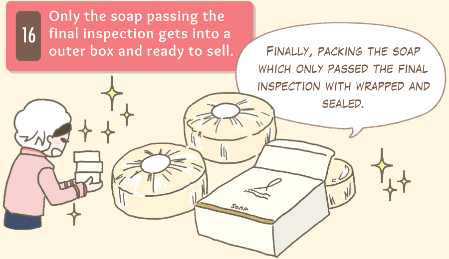 Finally, packing the soap which only passed the final inspection with wrapped and sealed.