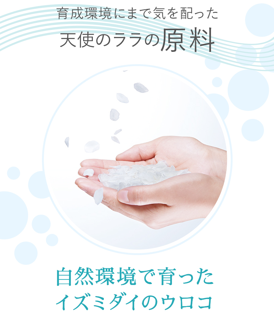 育成環境にまで気を配った 天使のララの 原料 自然環境で育ったイズミダイのウロコ