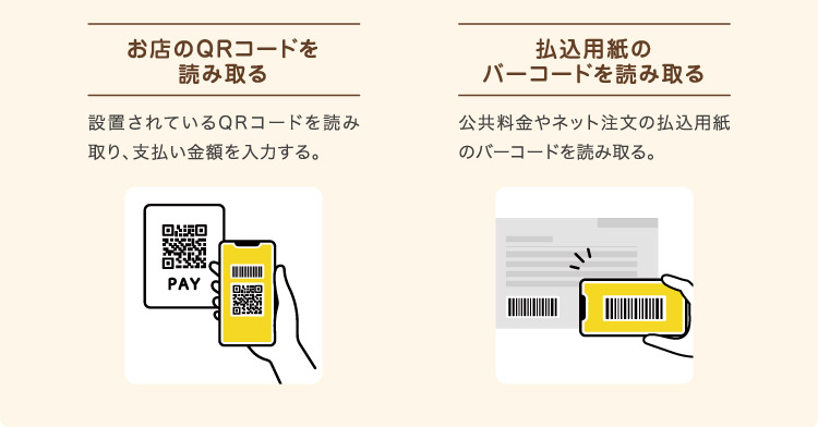 お店のQRコードを読み取る 払込用紙のバーコードを読み取る