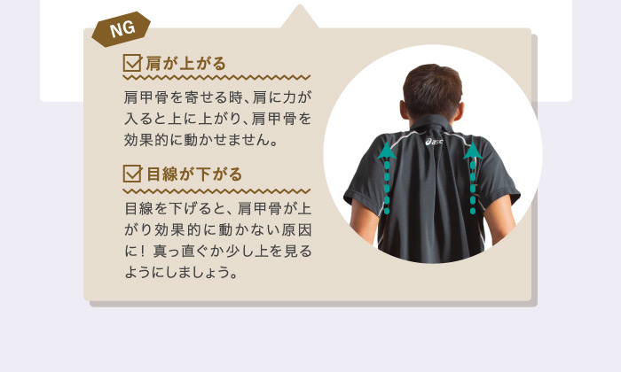 NG 肩が上がる 肩甲骨を寄せる時、肩に力が入ると上に上がり、肩甲骨を効果的に動かせません。 目線が下がる 目線を下げると肩甲骨が効果的に動かない原因に!真っ直ぐか少し上を見るようにしましょう。