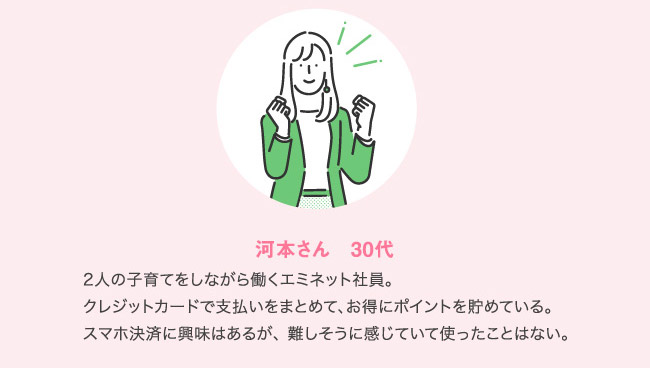 河本さん 30代 2人の子育てをしながら働くエミネット社員。クレジットカードで支払いをまとめて、お得にポイントを貯めている。スマホ決済に興味はあるが、 難しそうに感じていて使ったことはない。