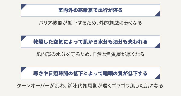 室内外の寒暖差で血行が滞る 乾燥した空気によって肌から水分も油分も失われる 寒さや日照時間の低下によって睡眠の質が低下する