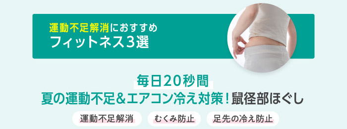 運動不足解消におすすめ フィットネス3選 毎日20秒間 夏の運動不足＆エアコン冷え対策！鼠径部ほぐし 運動不足解消 むくみ防止 足先の冷え防止