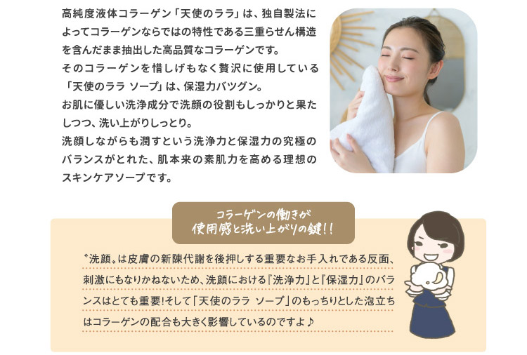 高純度液体コラーゲン「天使のララ」は、独自製法によってコラーゲンならではの特性である三重らせん構造を含んだまま抽出した高品質なコラーゲンです。そのコラーゲンを惜しげもなく贅沢に使用している「天使のララ ソープ」は、保湿力バツグン。お肌に優しい洗浄成分で洗顔の役割もしっかりと果たしつつ、洗い上がりしっとり。洗顔しながらも潤すという洗浄力と保湿力の究極のバランスがとれた、肌本来の素肌力を高める理想のスキンケアソープです。
