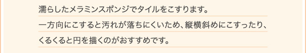 メラミンスポンジは手のひらに収まる程度の大きさが便利です。玄関タイルは水を吸収するため、メラミンスポンジは水が染み出す程度濡らして使用しましょう。