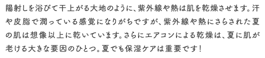 陽射しを浴びて干上がる大地のように、紫外線や熱は肌を乾燥させます。汗や皮脂で潤っている感覚になりがちですが、紫外線や熱にさらされた夏の肌は想像以上に乾いています。さらにエアコンによる乾燥は、夏に肌が老ける大きな要因のひとつ。夏でも保湿ケアは重要です！