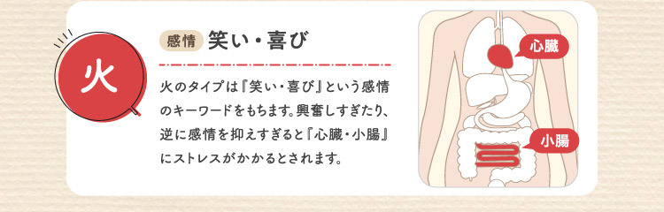 火 感情:笑い・喜び 臓器:心臓・小腸