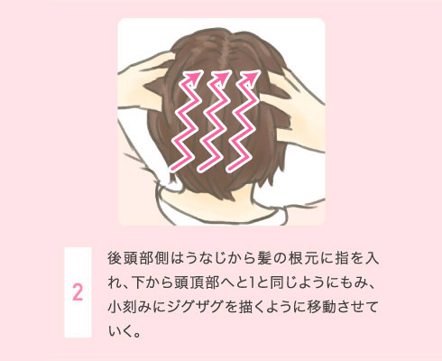 後頭部側はうなじから髪の根元に指を入れ、下から頭頂部へと1と同じようにもみ、小刻みにジグザグを描くように移動させていく。