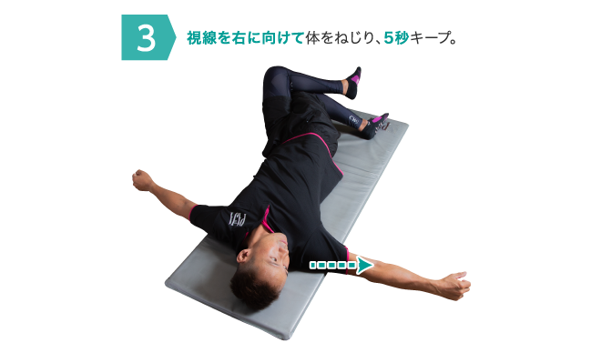 3視線を右に向けて体をねじり、5秒キープ。