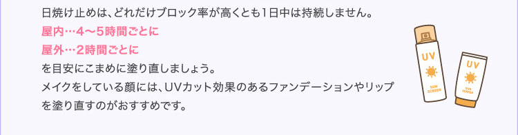 日焼け止めは、どれだけブロック率が高くとも1日中は持続しません。屋内…4〜5時間ごとに屋外…2時間ごとにを目安にこまめに塗り直しましょう。メイクをしている顔には、UVカット効果のあるファンデーションやリップを塗り直すのがおすすめです。